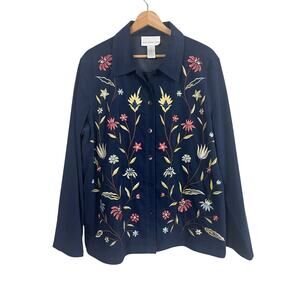 SUSAN GRAVER STYLE Women's L Navy Blue Embroidered Floral Boho Art Button Jacket